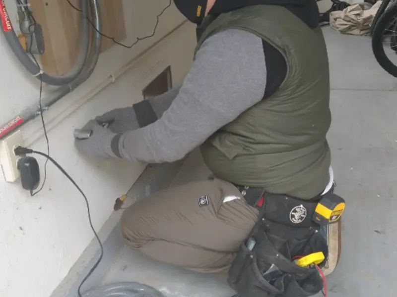 Electrician performing outlet wiring in a Princess Anne garage